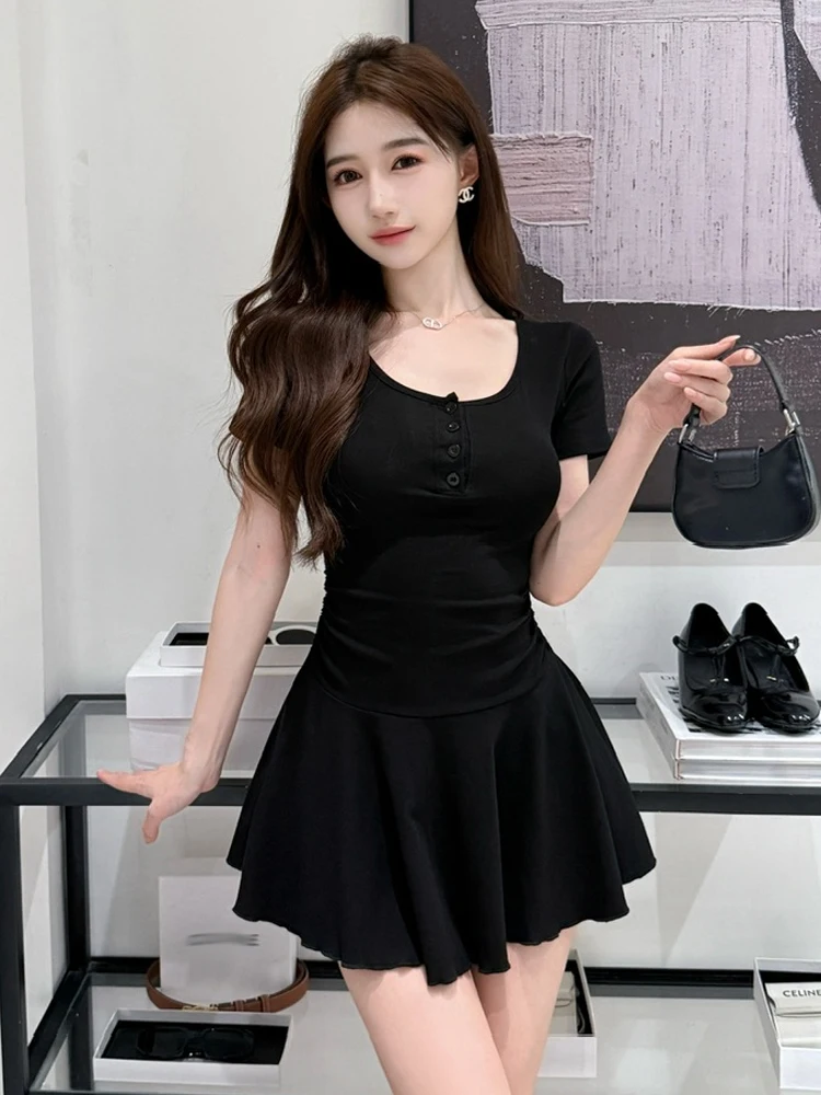 

Sexy Slim Fit round Ne ort Sve Base Layer Dr Waist Cinching A-Line Skirt Pure Desire Sle Small Size Clothing