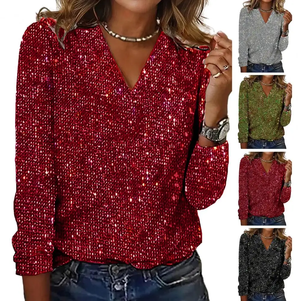 Elegant Tee Shirt Top Shiny Sequin Long Sleeve Women Blouse Loose Breathable  Club Party Lady Blouse Shirt