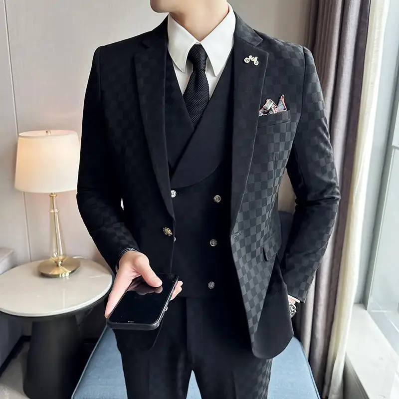 2-A66  Men\'s three-piece suit slim-fit jacket plaid small suit professional formalhandsome wedding dress trendy