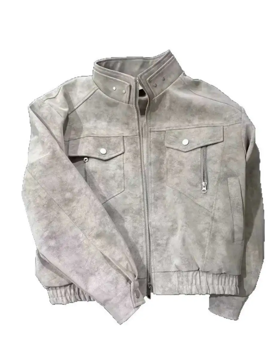 

Американская мотоциклетная рабочая одежда из искусственной кожи в стиле High Street, мужская модная кожаная куртка с воротником-стойкой и принтом тай-дай, осенняя мода