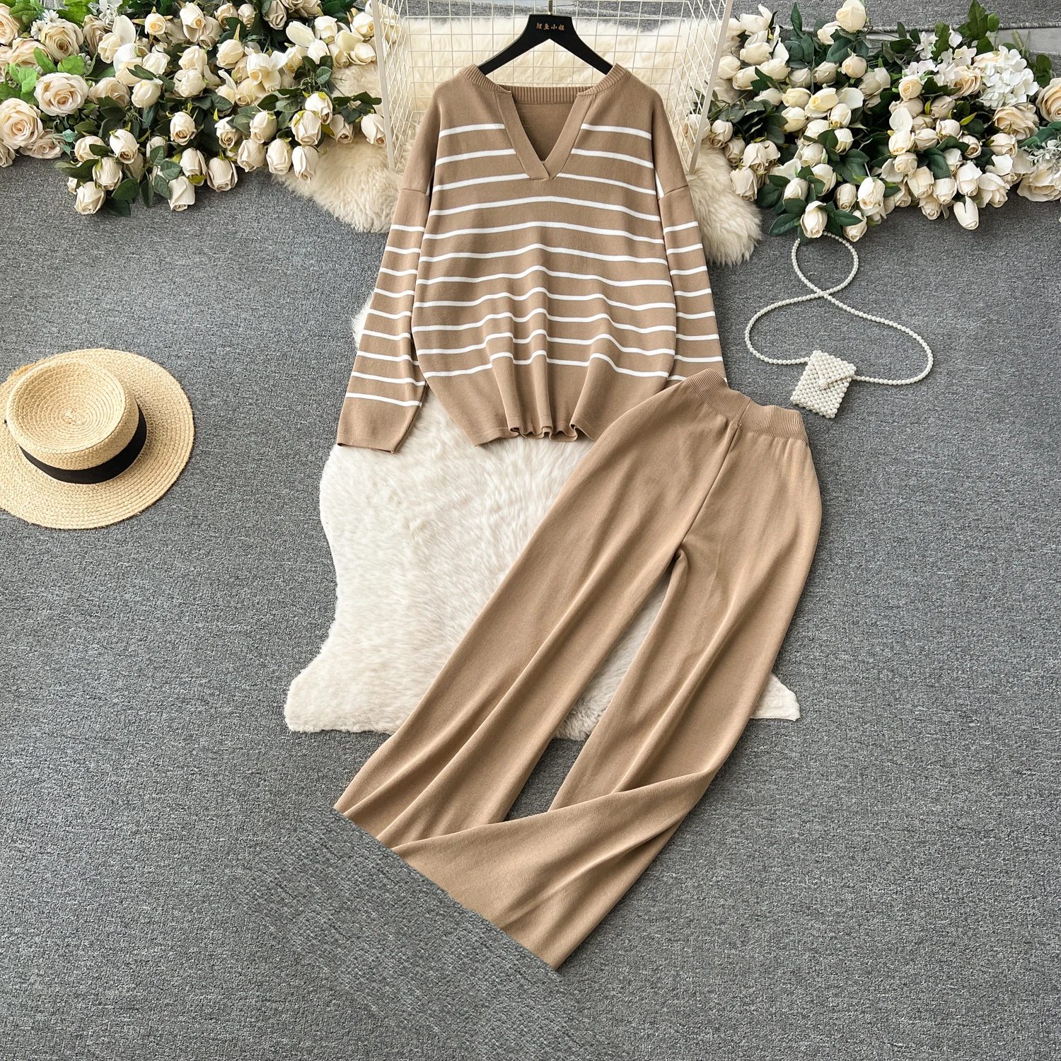 Women Sweater Pant Set Winter Knitted  Casual Pullovers Suits Long Sleeve AutumnLoose Tops Elastic Striped Elegance Sweaterpants