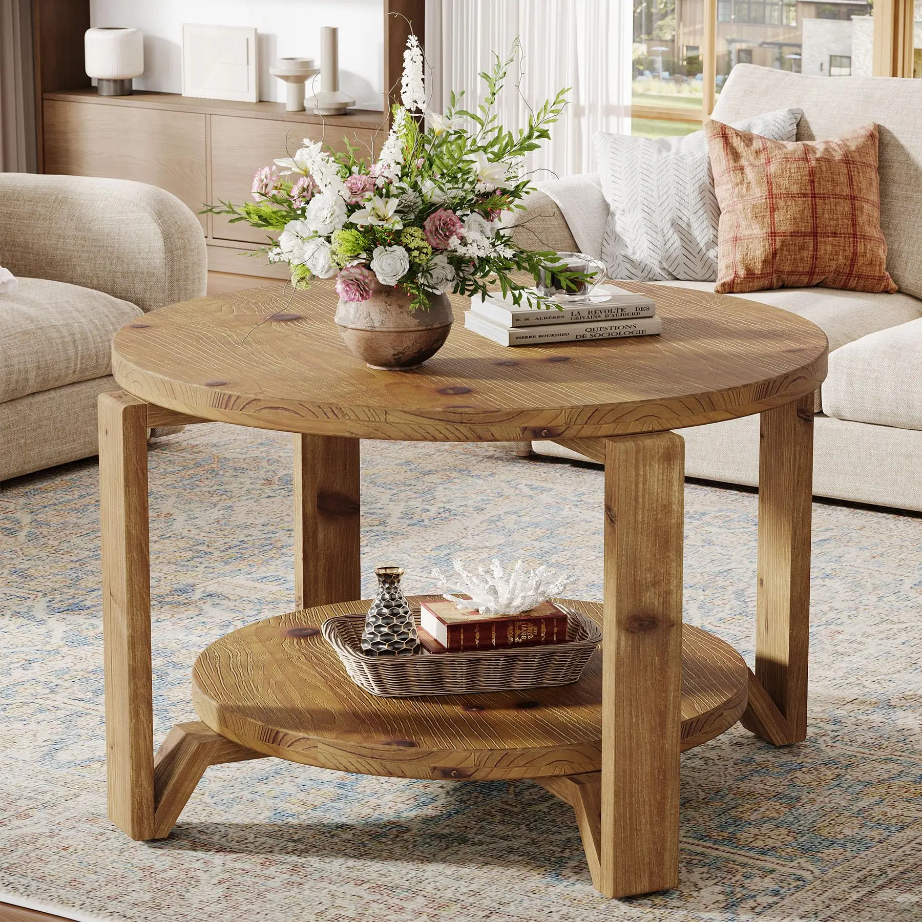 # 80cm Mid Century Modern Round Coffee Table With Ribbed Drum Base And Storage Recess Walnut For Living Room Small Space