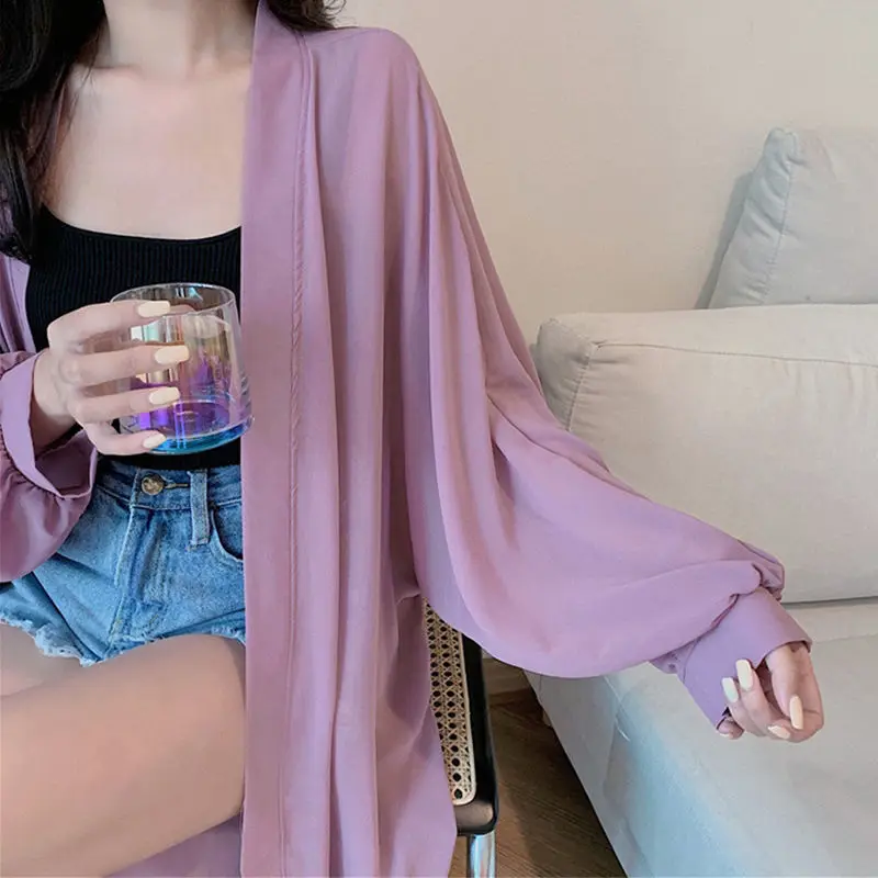 Summer New Uv-protection Wear Women Korean Chic Loose Jacket Basics Chiffon Double Collar Design Lantern Sleeve Cardigan