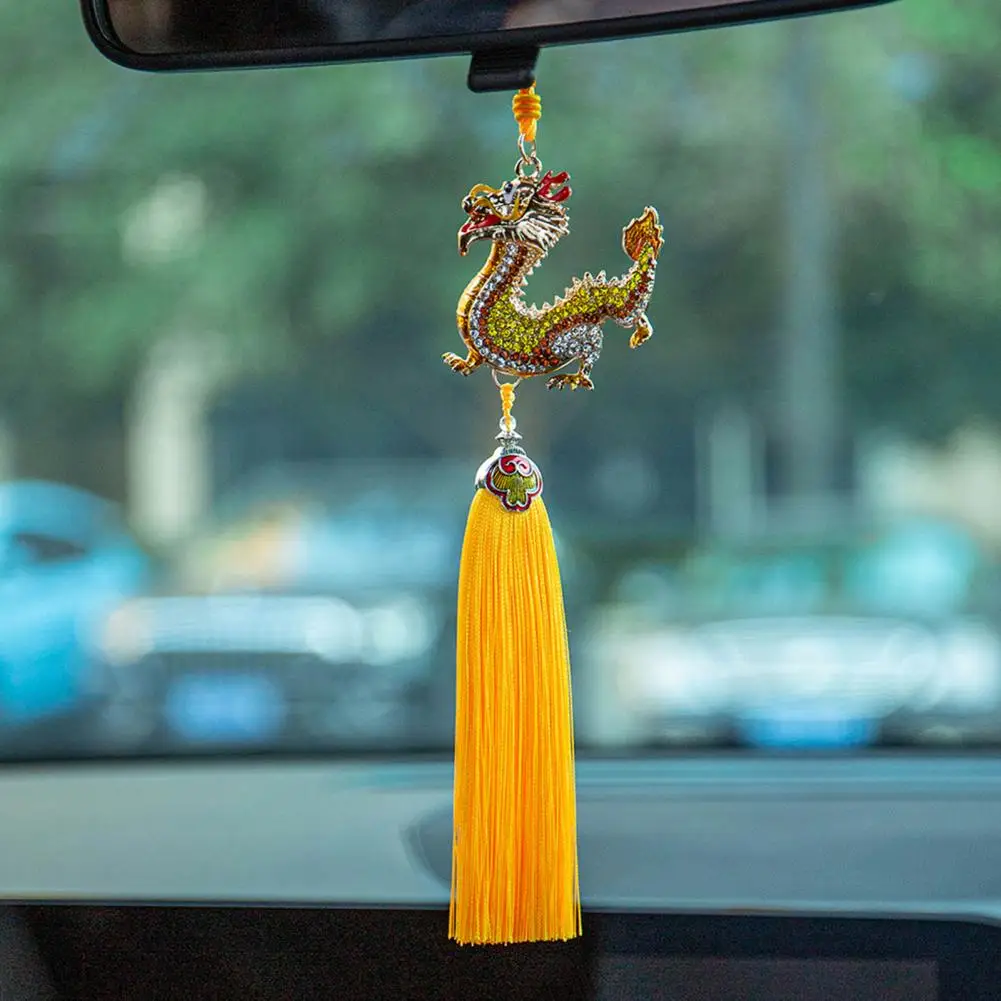 Unique Dragon Accessory Chinese Dragon Figurine Ornament with Tassel Rhinestones Inlay Zodiac Dragon Model for Car for Home