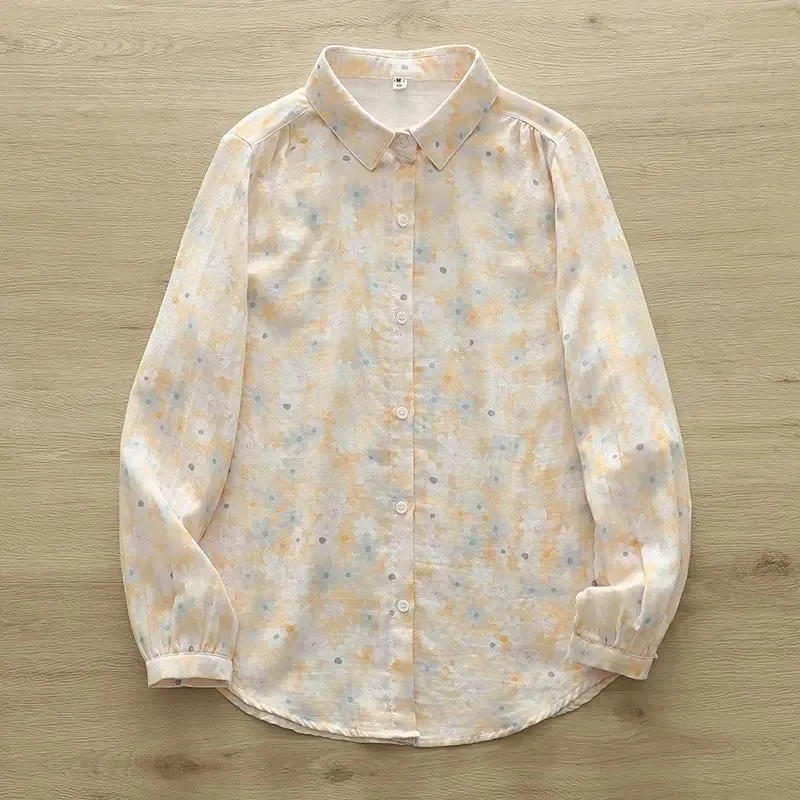 

Женская хлопково-льняная рубашка с цветочным принтом, повседневная, свободного кроя, с длинным рукавом, на пуговицах