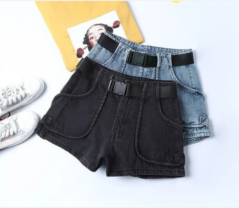 Vintage Black Short Pants Women Summer Cotton Casual Loose Pocket Button Elastic High Waist Sweatshort Sweet Chic Cargo Shorts