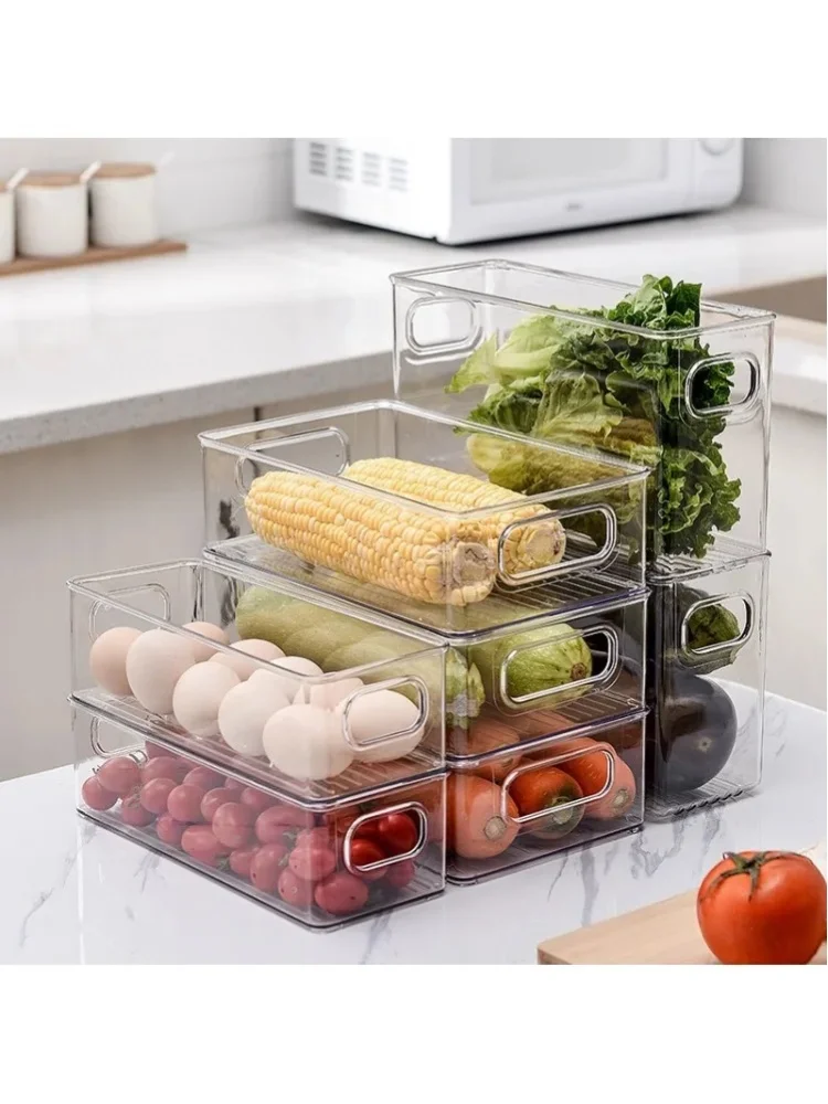 Transparente Kühlschrank-Organizer-Behälter mit Griffen, Stapelbare Durchsichtige Kühlschrank-Aufbewahrungsschubladen, PET-Gefrierschrank-Organizer-Behälter für Obst, Gemüse, Eier, Vorratskammer und