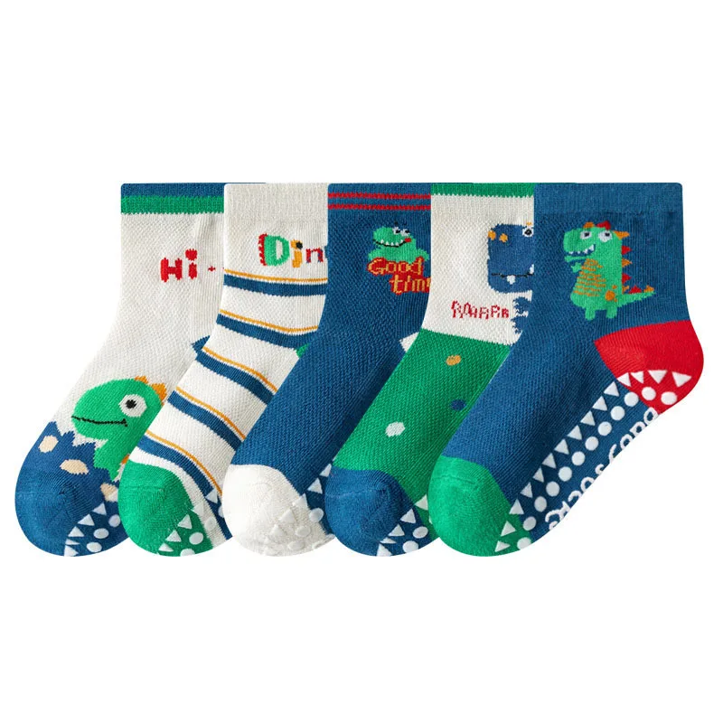 5 Paar rutschfeste Jungensocken mit niedlichem Dinosaurier-Cartoon-Muster, bequem, atmungsaktiv, für Kinder und Babys, Bodensocken für Frühling und Sommer – Detail 3