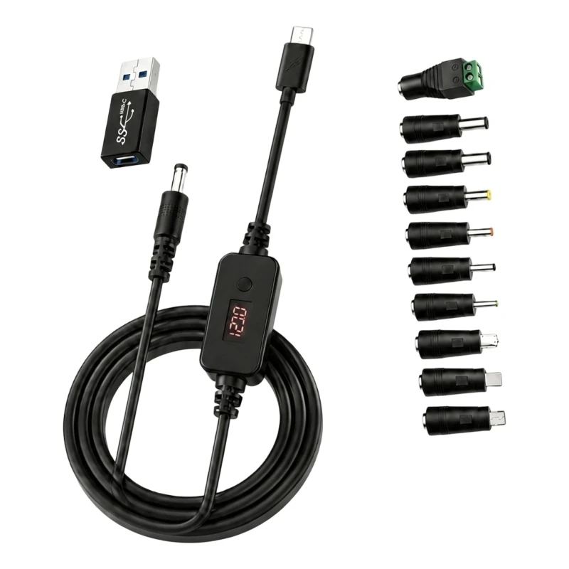 120cm Type C Power Cable with Digital Display, Adjustable 5V-20V 65W Output USB to DC-Tip Micro mini usb for Router Camera