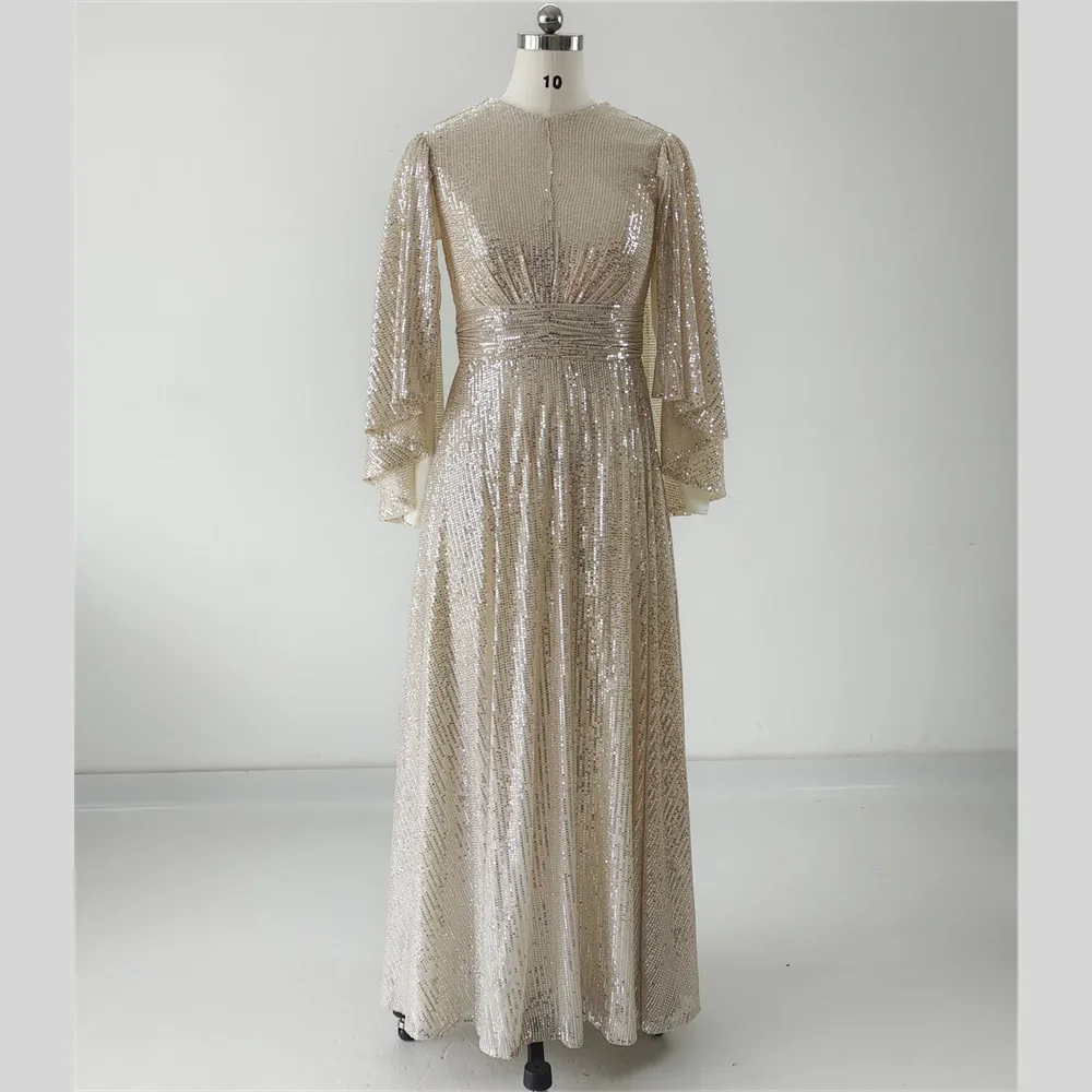 

Вечернее платье с настоящими фотографиями, мусульманское шампанское, с блестками, скромное, с круглым вырезом, с длинными рукавами, трапециевидной формы, длиной до пола, большие размеры, женское вечернее платье