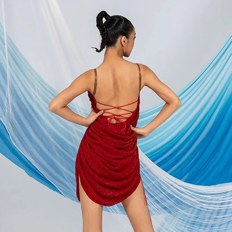 Robe de danse latine à paillettes pour femmes, robe à franges dos nu, vêtements de performance de rumba adulte, vêtements de danse salsa, club de Rh, sexy, rouge, BL11187