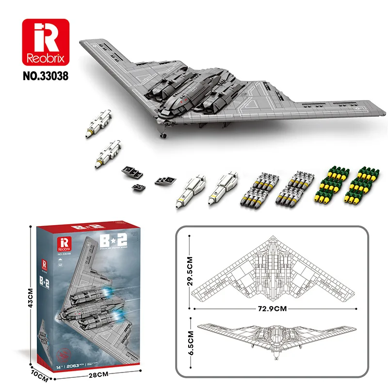 Bloques de construcción de bombardero Reobrix 33038 Stealth B-2: modelo de avión militar avanzado, rompecabezas desafiante para jóvenes