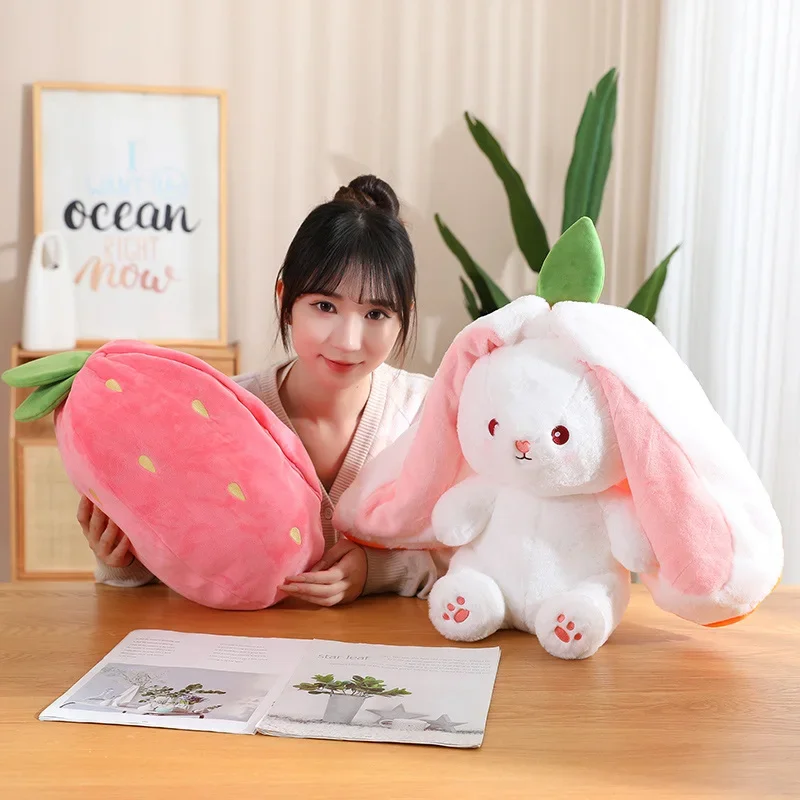 15cm Creative Funny Doll Carrot Rabbit Plush Toy Stuffed Soft Bunny Hiding in Strawberry Bag Toys for Kids Girls Birthday Gift