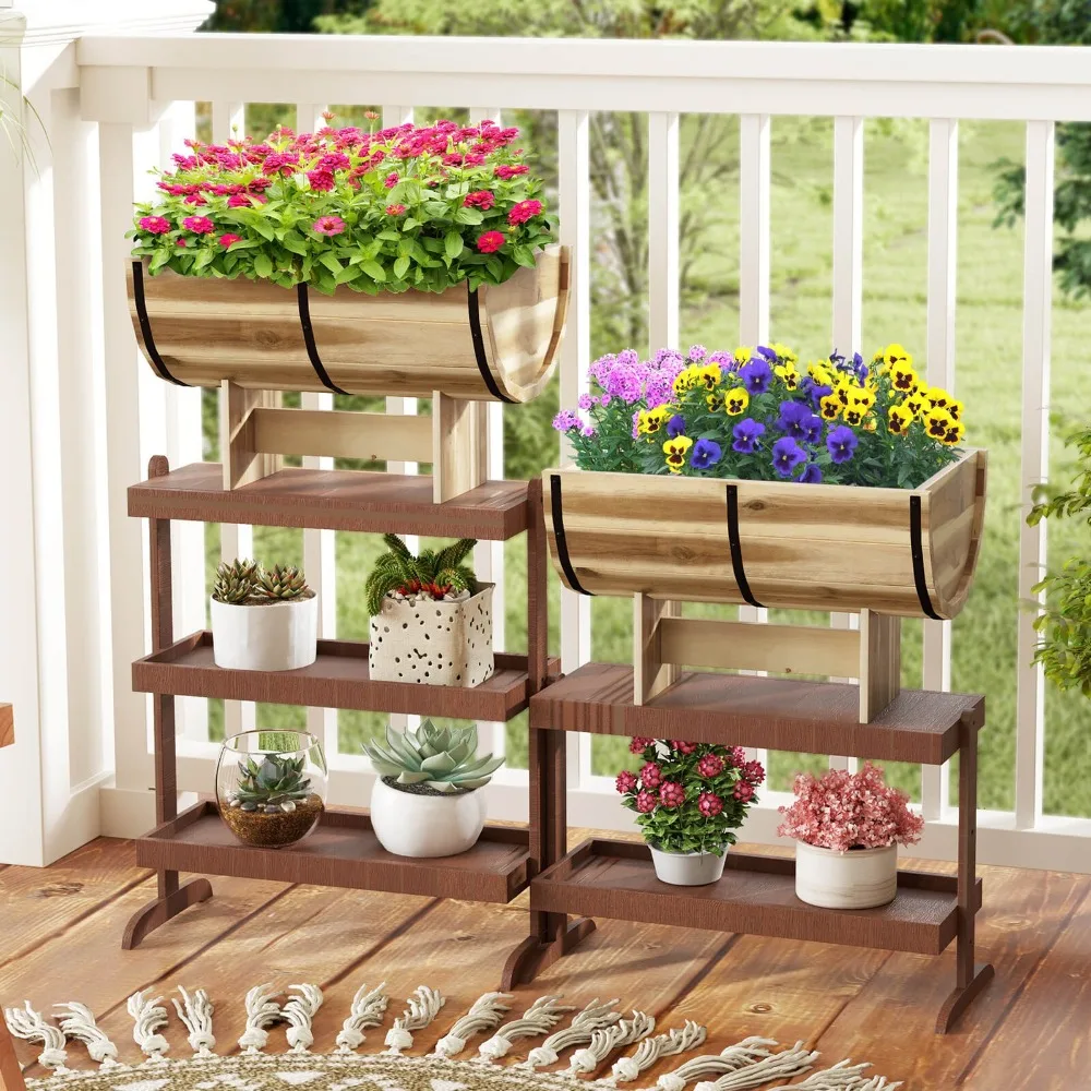 

2PCS Outdoor Wooden Planter Solid Acacia Wood Half-Barrel Planter Box w/ Legs