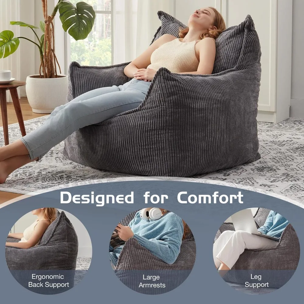 Giant Bean Bag Chair Sofa for Adults Teens, Comfy Corduroy Large Bean Bag Chairs with Armrests for Bedroom Living Room, Adult Be