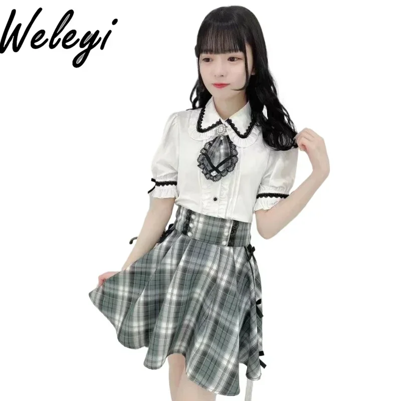 Jirai Kei Clothes Ropa De Mujer Tie Bow Shirts Kawaii Tops Y2k Skirt Summer New in Japanese Fashion Love Student Jk Uniform Suit