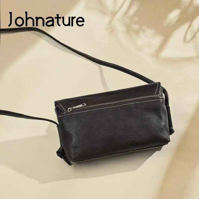 Johnature Vintage Solid Color Women Small Bag 2024 New Genuine Leather Versatile Simple Real Cowhide Shoulder & Crossbody Bags