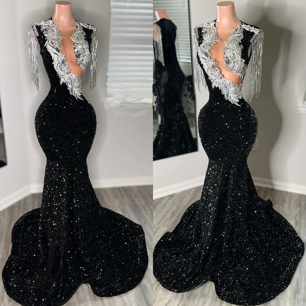 Vestido largo de sirena negra de lujo para niña, traje de fiesta de cumpleaños con lentejuelas de cristal de diamantes de imitación