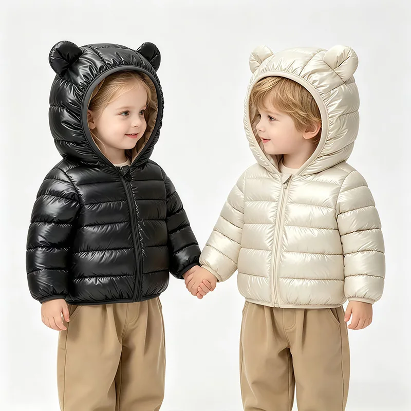 2026 Autumn and Winter New Children's Solid Color Double-sided Bear Ear Hooded Lightweight Cotton Jacket