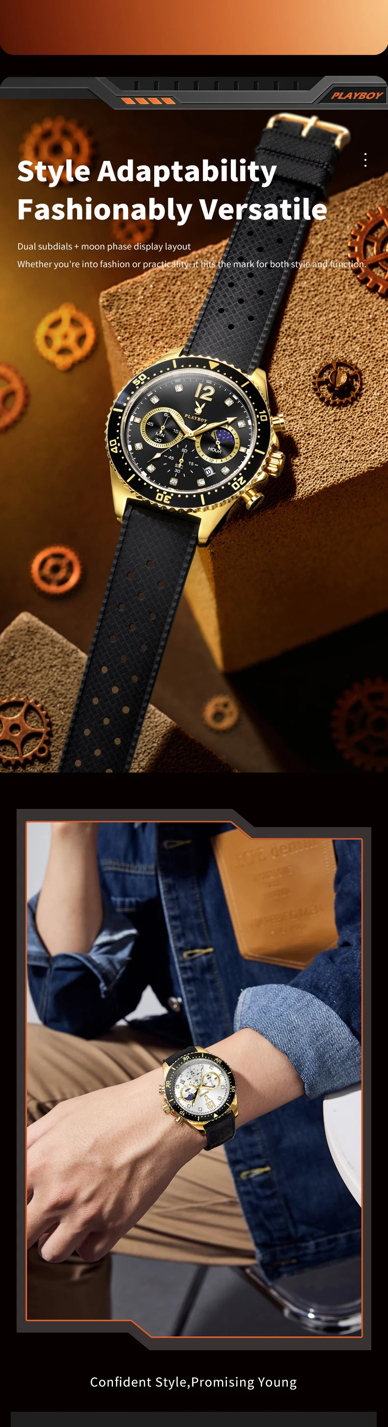 PLAYBOY 3515 Luxus Herrenuhr Mode Silikonarmband Chronograph Mondphase Herrenuhr Marken-Original Quarz-Armbanduhr für Männer – Detail 6