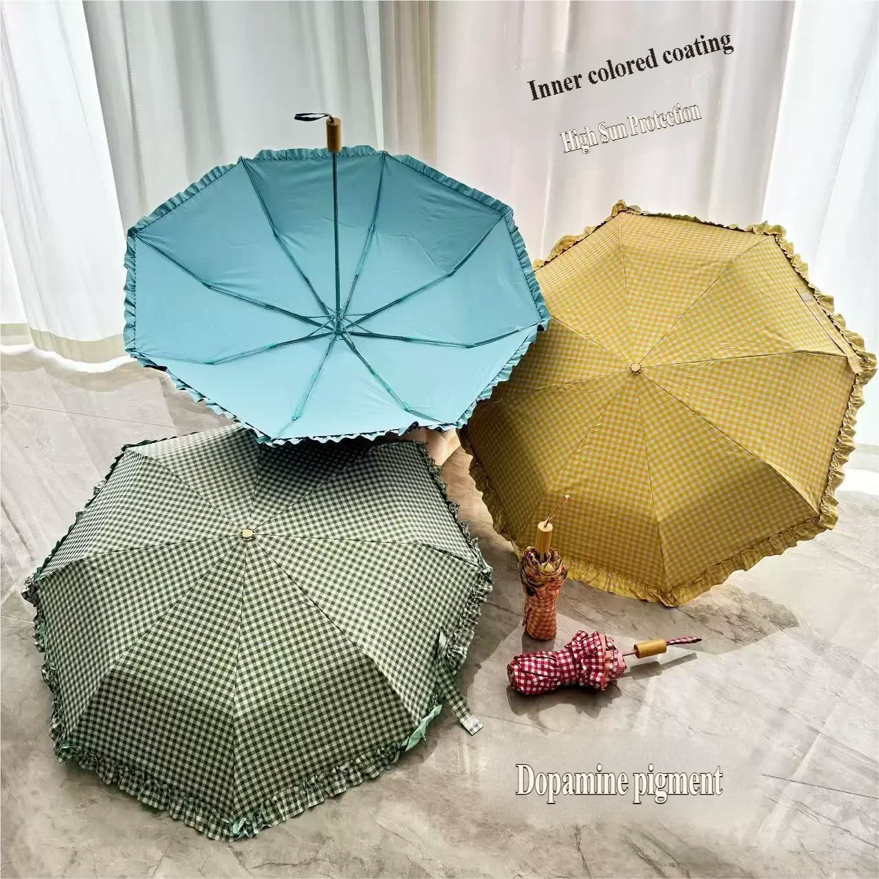 2026 Manual Opening Gingham Luxury Style Umbrella with Lace Folding Rain Umbrella Colorful Transparent Rain and Sun Umbrella UV