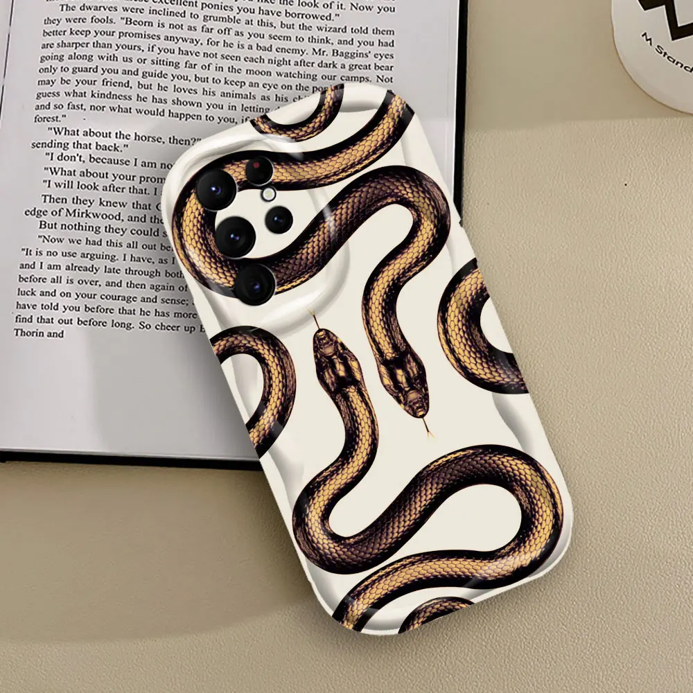 Luxurious Black Gold Snake Phone Case For Samsung Galaxy S24 S23 S22 S21 S20 Ultra Plus Fe A55 A54 A53 A52 S A51 3D Wave Cover