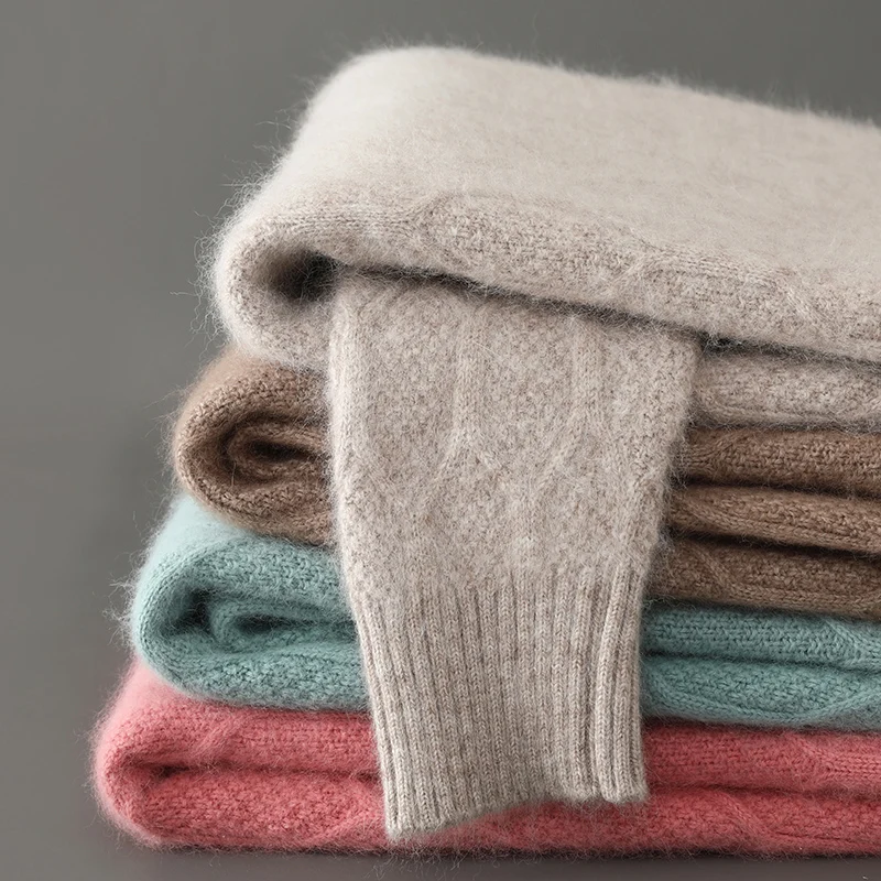 Fall/Winter New Round Neck 100% Mink Cashmere Sweater Men's Twisted Flowers With Loose Knit Bottoming Shirt