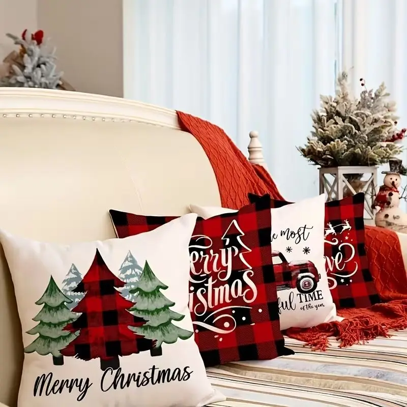 VIKAMA 4Pcs Red Gold 3D Embossed‑Look Christmas Pillow Covers Santa Deer Xmas Tree Print Cushion Cases Sofa Decor Without Insert