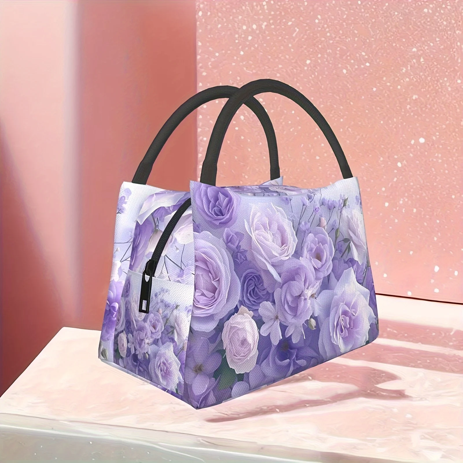 

1pc Purple Floral Pattern Insulated Lunch Bag - Reusable, Portable Cooler Tote For Picnics, Beach, Hiking & Outdoor Activities