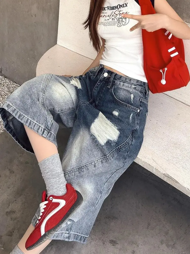 อเมริกันวินเทจล้างGradient Denim Caprisสําหรับผู้หญิงY2Kสาวร้อนสไตล์Distressedขากว้างสบายๆCroppedกางเกงแฟชั่น