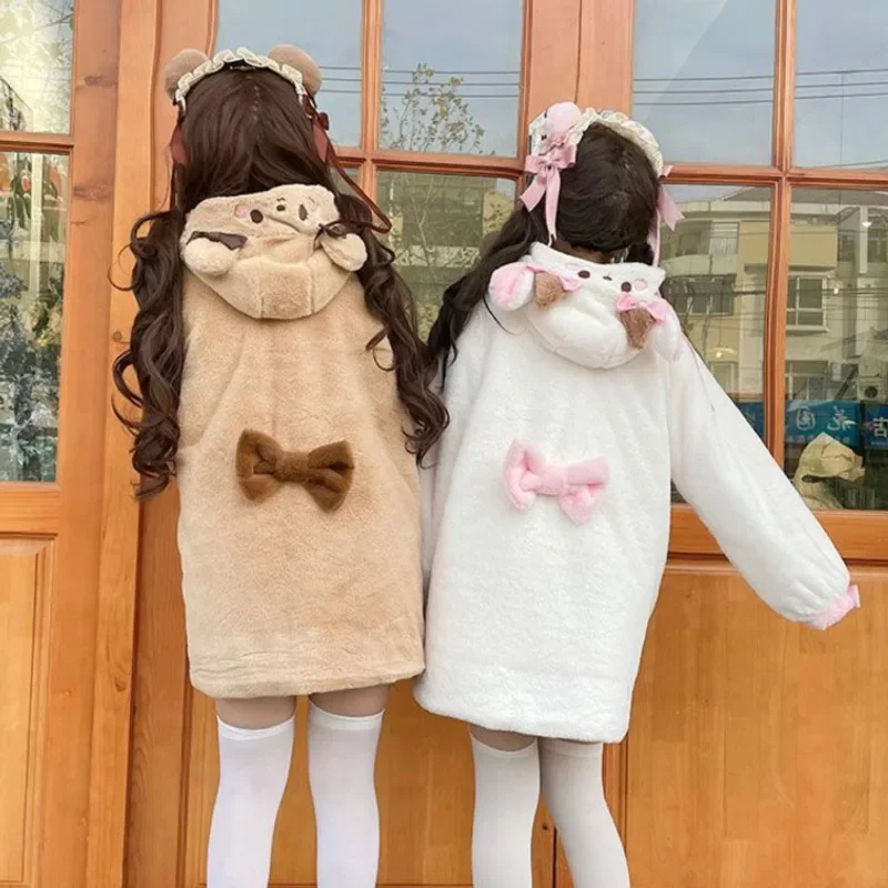 Y2K Cute Sheep Plush Hooded Bear Jacket Top Coat Girls Winter Thickened Fleece Kawaii Korean Style Warm Outerwear Top Gift New