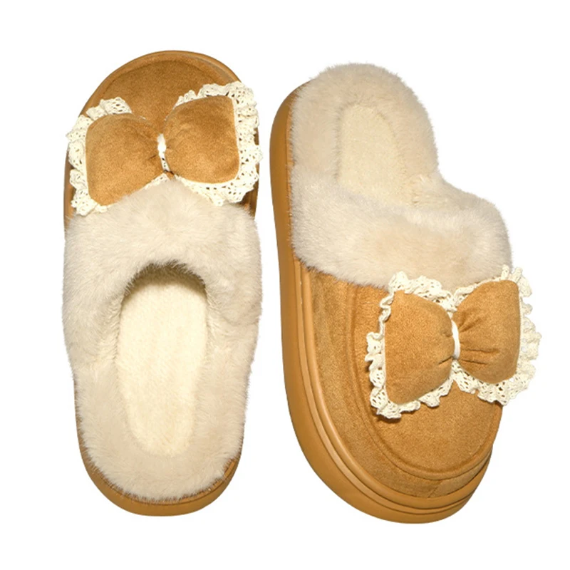 Belle pantofole con plateau soffici bowknot da donna suola spessa antiscivolo scarpe in cotone per la casa donna comode scivoli in peluche caldi femminili