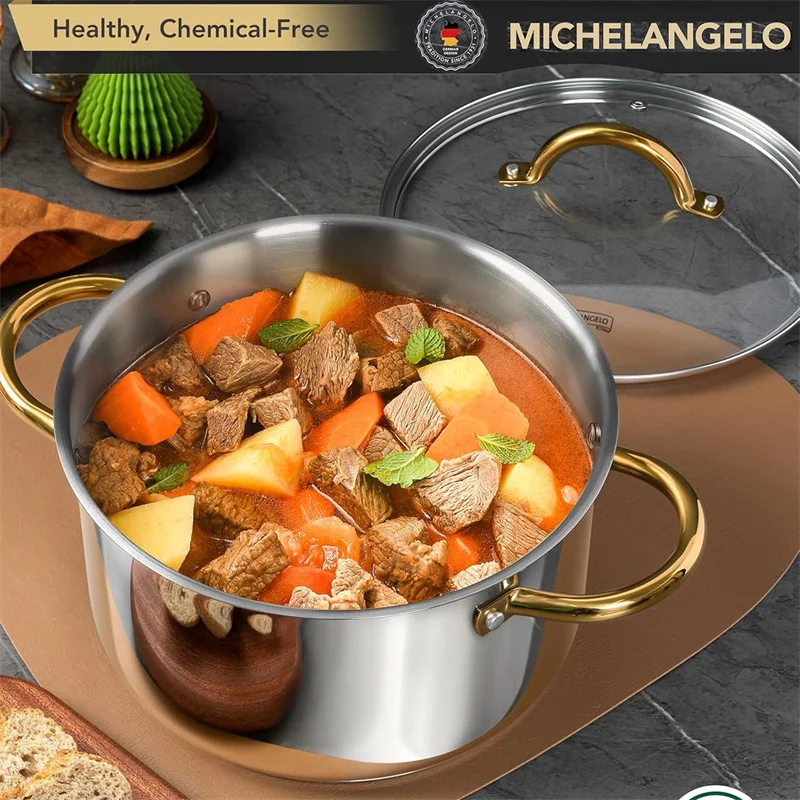 

MICHELANGELO 6/8/10QT Stock Pot Stainless Steel Cooking Pot with Lid Double handle Soup pot Induction Compatible Dishwasher Safe