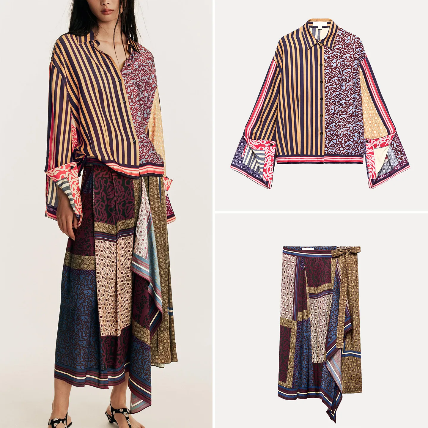 ZADATA Women's Long Sleeve Print Blouse And Half Skirt Two-Piece Set Autumn Fashion Outfit Splicing Design Elegant Style