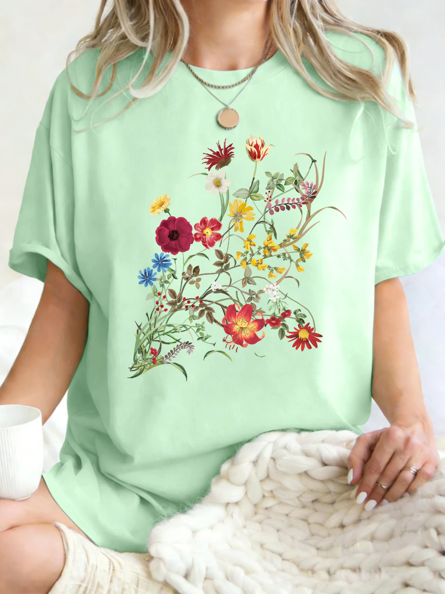 Beautiful Flowers Born In The Sun Print Damen-T-Shirts, O-Ausschnitt, Y2K, kurzärmelig, Baumwolle, lässiges T-Shirt, Sommer, übergroße Kleidung