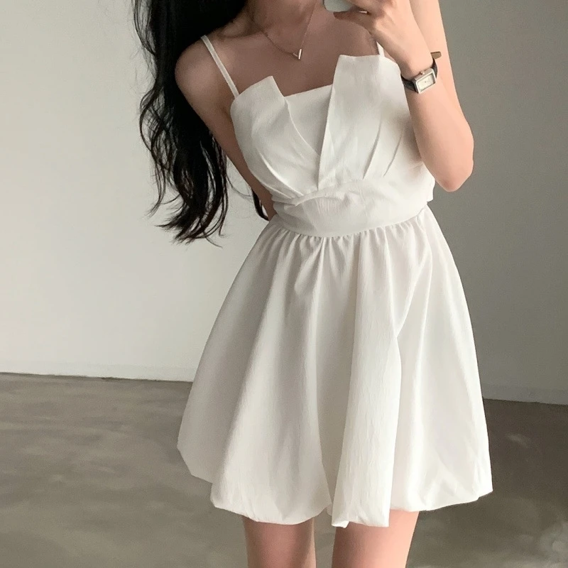 

Women Spaghetti Strap White Mini Dress V Neck High Waist Flared Skirt Casual Sweetheart Style Dress