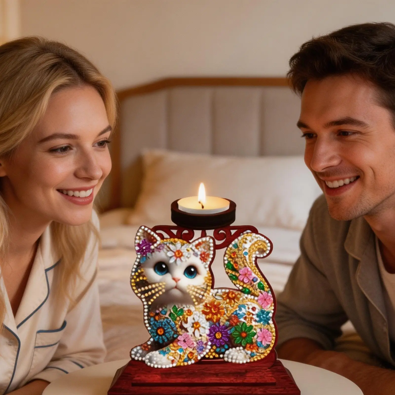 DIY Art Painting Candle Holder Cat Cute Retro Shiny Gem Art Candle Holders for Beginners Adults Dressing Table Bookshelf Bedroom