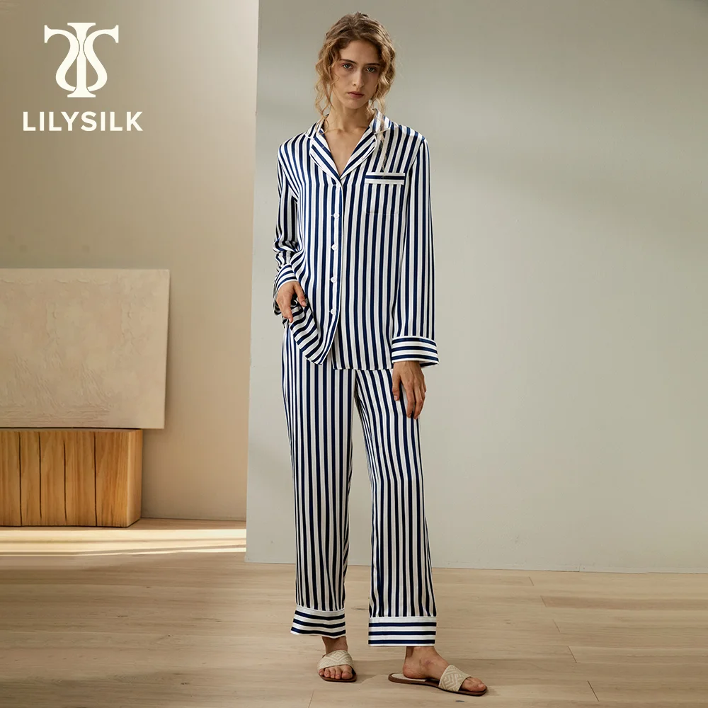 

Пижамный комплект LILYSILK Женский, шелковая классическая одежда для сна в полоску, с длинным рукавом, на пуговицах, 19 Момми, домашняя одежда, бесплатная доставка