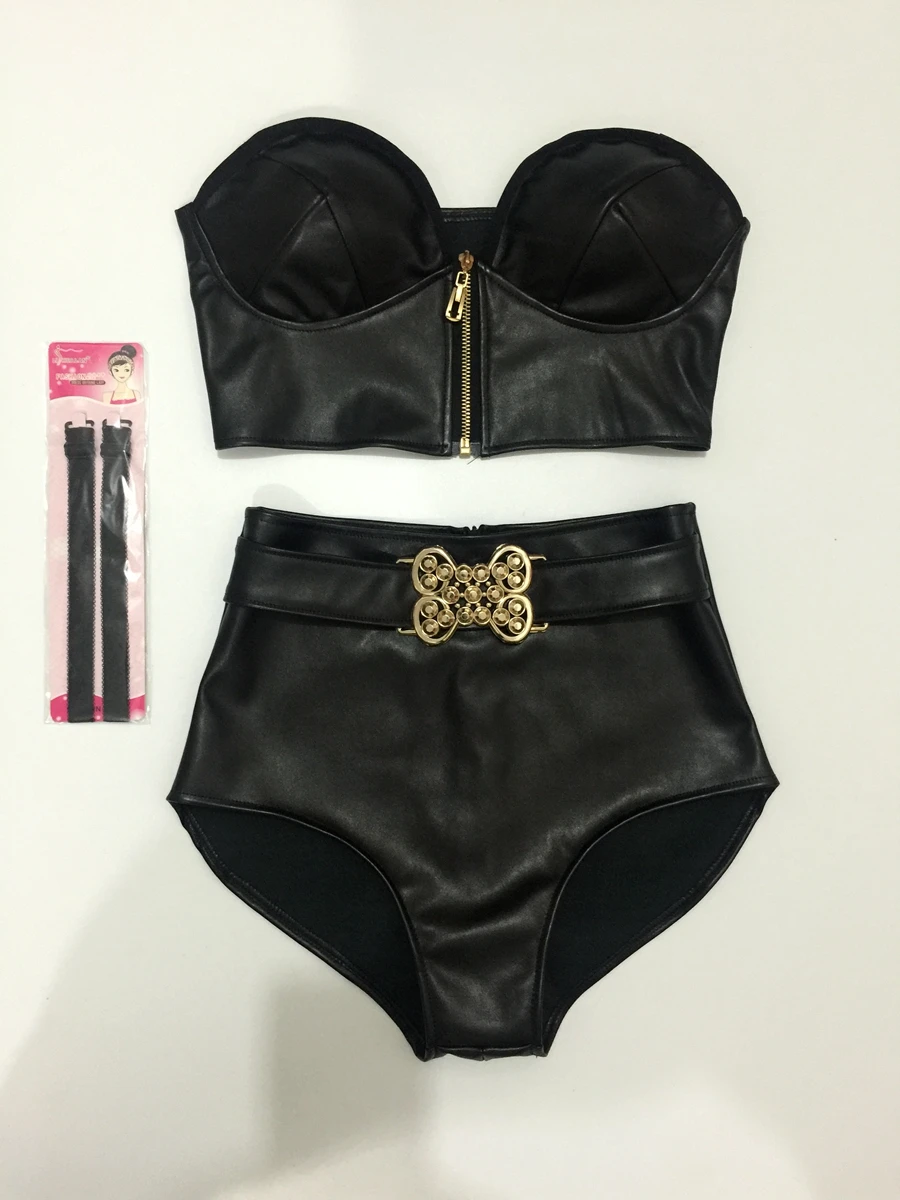 Sexy feminino couro do plutônio preto biquíni colete desempenho roupas jazz hiphop trajes de dança boate festa cantor equipes outfit