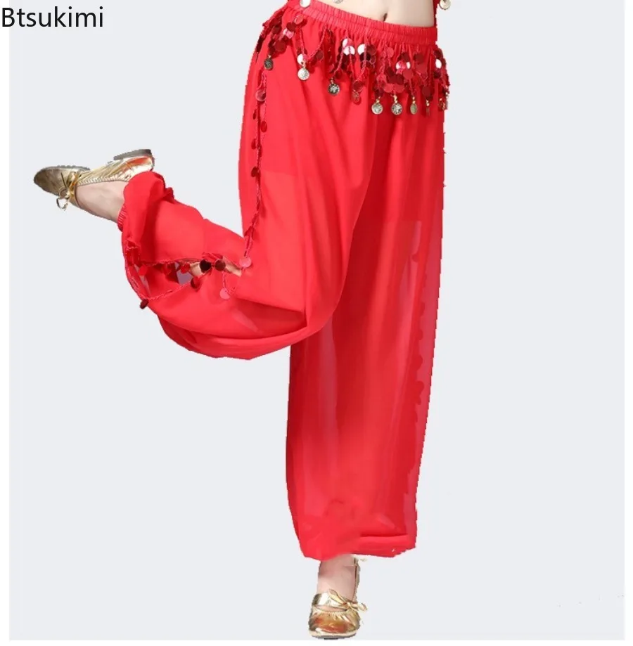 2026 Women Belly Dance Pants, Chiffon Split Wide Leg Pants Indian Dance Lantern Trousers, Xinjiang Dance Performance Costumes