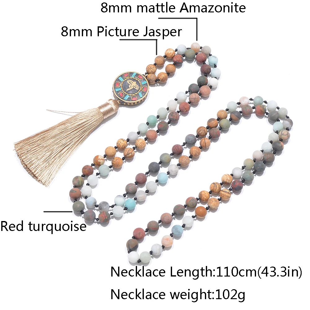 8mm Natural Stone Beads Knotted 108 Mala Necklace Meditation Yoga Prayer Rosary with Six Character Pendant Jewellery