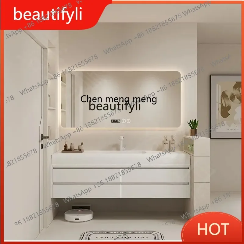 

A85 Skin-Resistant Integrated Stone Plate Solid Wood Bathroom Cabinet Combination Light Luxury Cream Wash Basin Washbasin