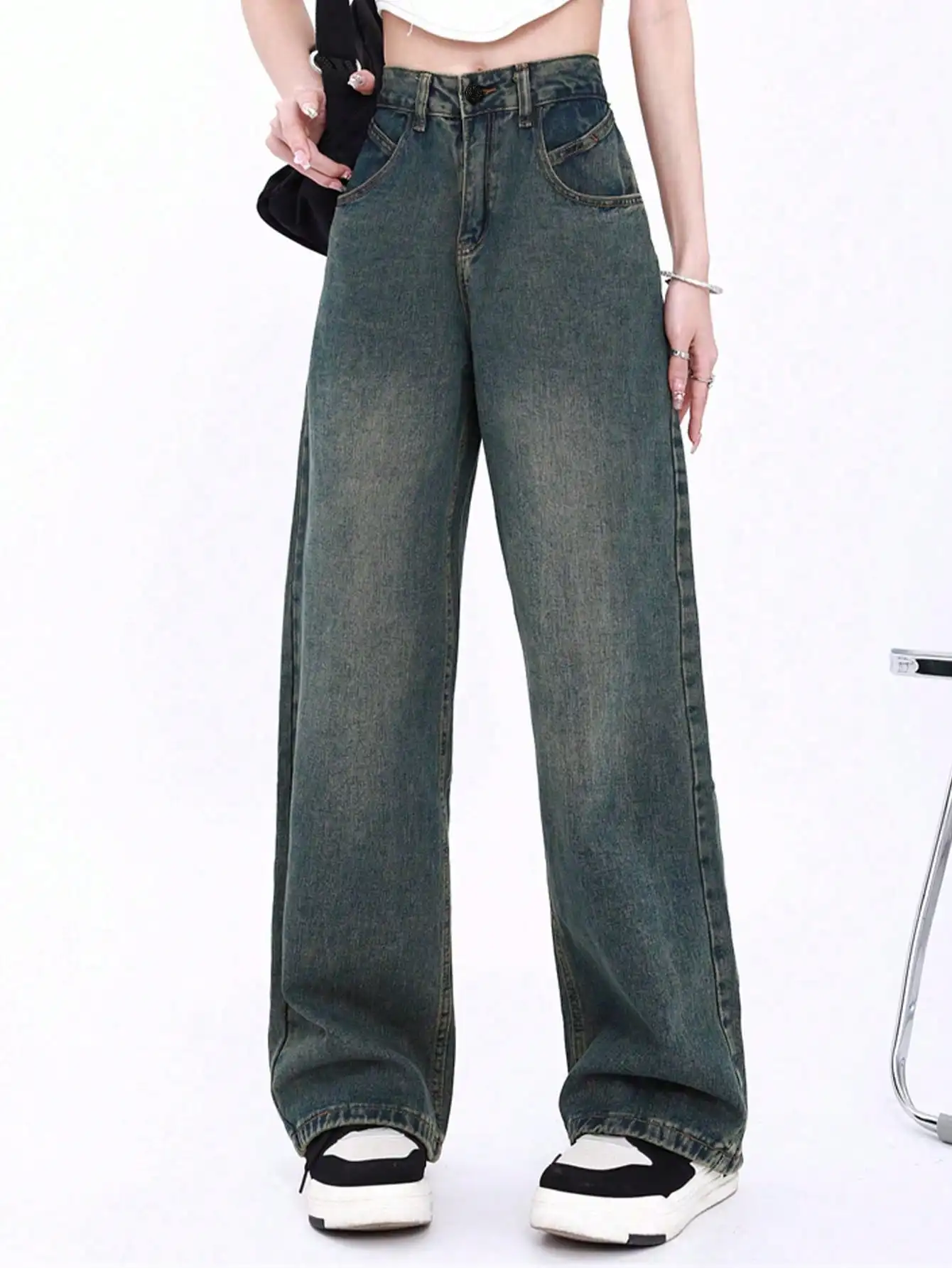 Korean Chic Autum New American Retro High-Waisted Washed Straight Loose Denim Floor-Length Wide-Leg Pants for Women