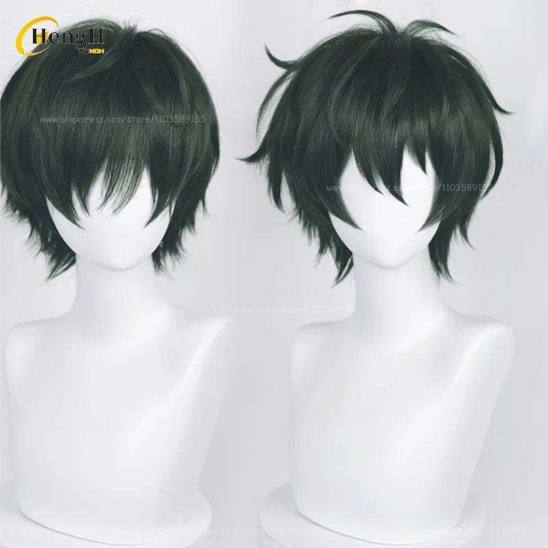 In Stock Synthetic Anime Kagehira Mika Cosplay Wig Unisex Short 30cm Dark Green Wig Heat Resistant Hair Halloween Wigs + Wig Cap