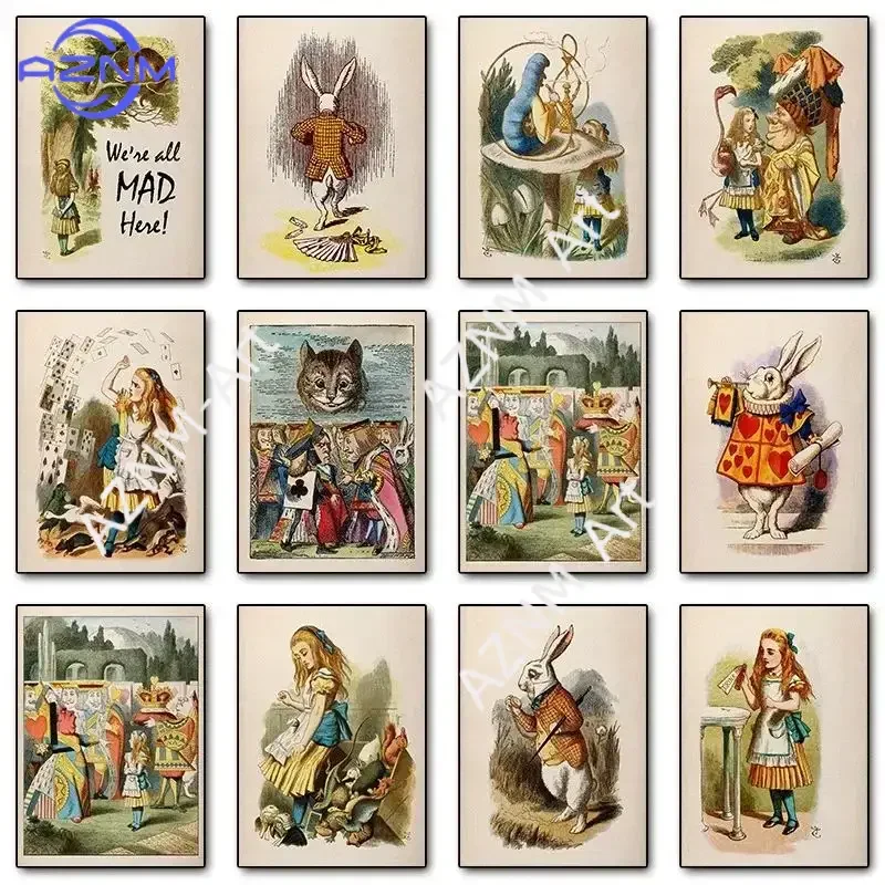 Alice in Wonderland Retro Wall Art Poster Prints Classic Fairy Tale Book Cover Canvas Painting Cartoon for Kids Room Home Decor