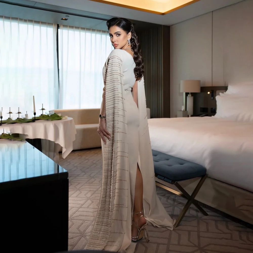 Customized Champagne Deep V Neck Cape Mother Of The Bride Gown Crepe Hand Beaded Cape Side Split Mermaid Guest Gown