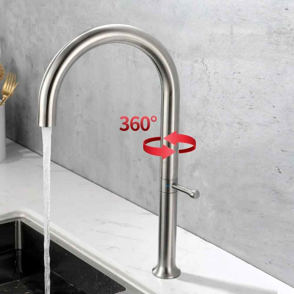 Kitchen Basin Faucet 360 Rotation Stainless Steel Material Single Handle Mixer Water Cold and Hot Ceramic Suitable For Hotel