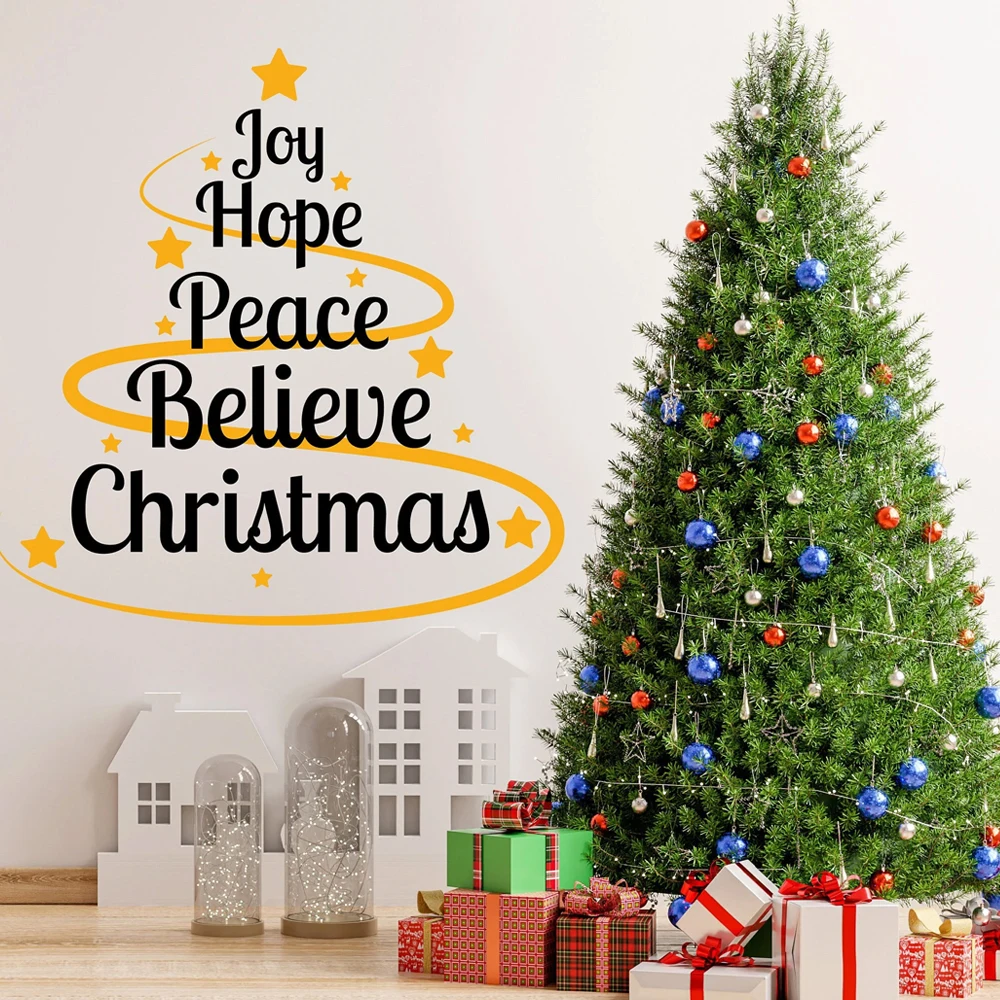 ملصق حائط من الفينيل اقتباس عيد الميلاد على شكل قلب "Joy Hope Peace Believe Christmas" ملصق نصي - ديكور غرفة المعيشة الملهم