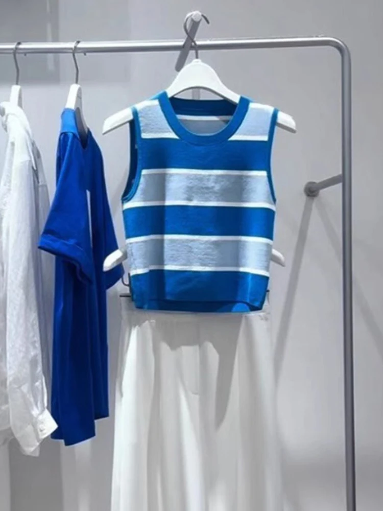 

Корейский вязаный топ из ледяного шелка, удобный свободный крой, дизайн с верхом, модный повседневный антивозрастной жилет в полоску