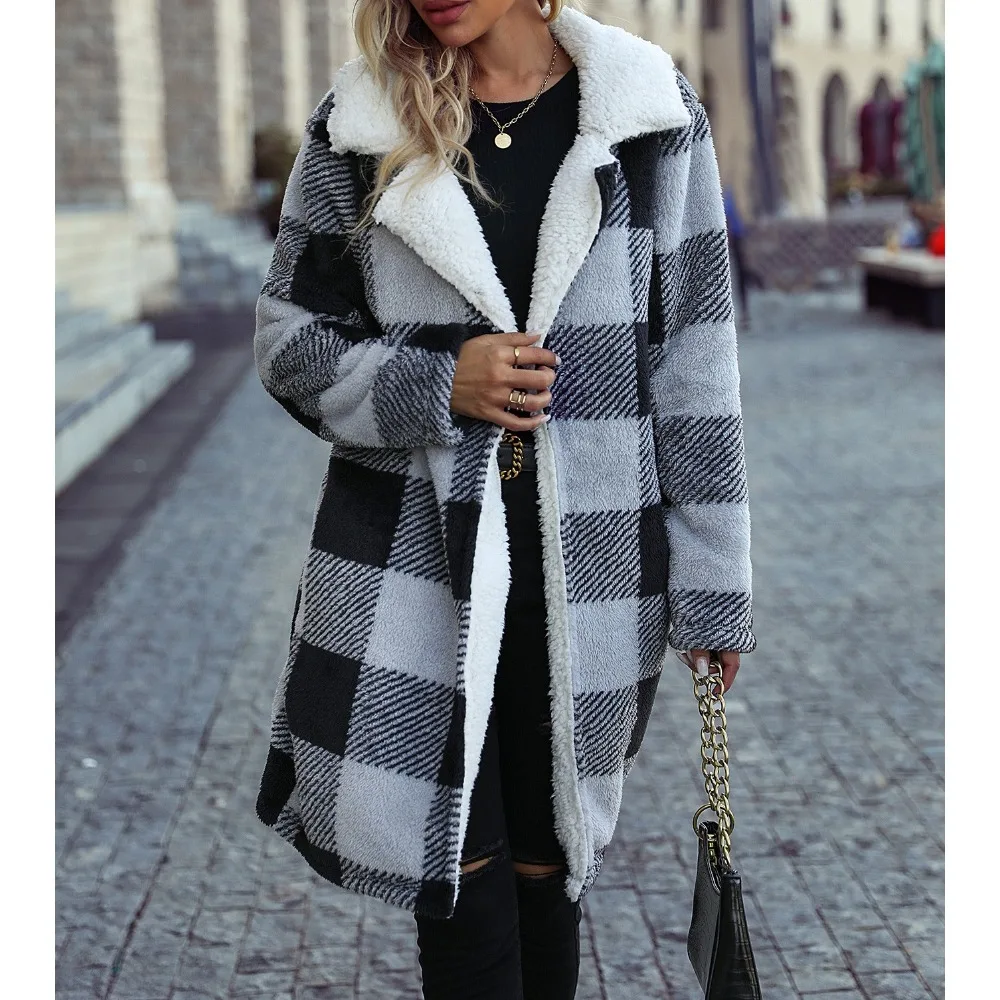 Autumn and Winter New Women's Fashion Polo Collar Long Sleeved Buckle Free Plaid Long Loose Cardigan Double Sided Casual Coat